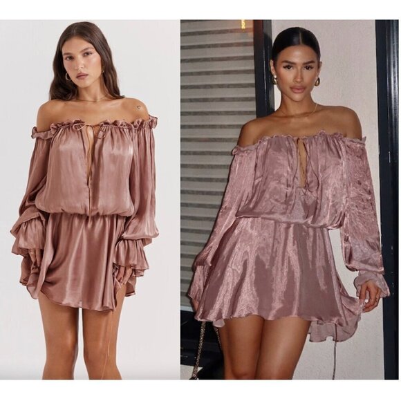 HOUSE OF CB Chaya Off Shoulder Dress in Hazelnut Size Small - Picture 1 of 16